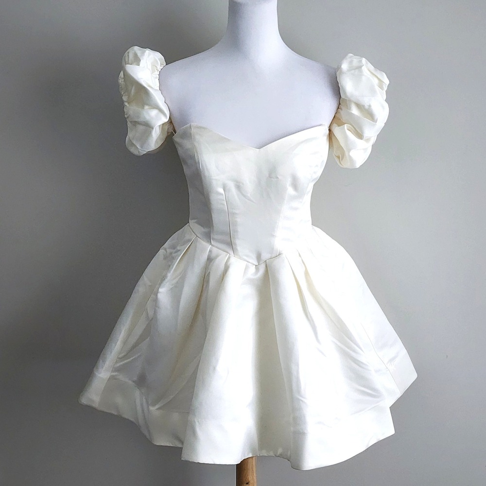 BHLDN Mini Dress Womens Small Ivory Puff Sleeve Corset Bridal Party Wedding Chic
